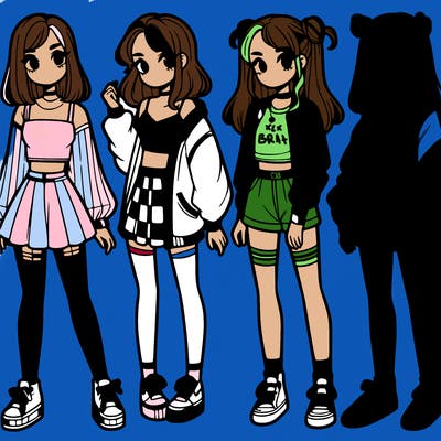 one girl with crop-top shirt and a jacket with a skirt, long socks and another girl with a shirt and pants with a jacket