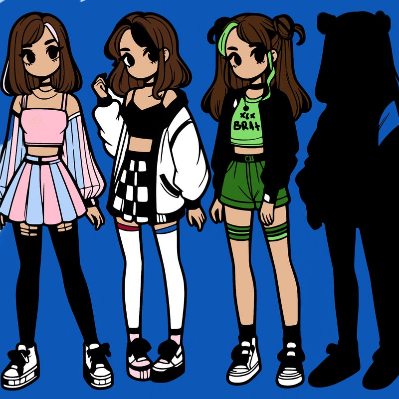 one girl with crop-top shirt and a jacket with a skirt, long socks and another girl with a shirt and pants with a jacket