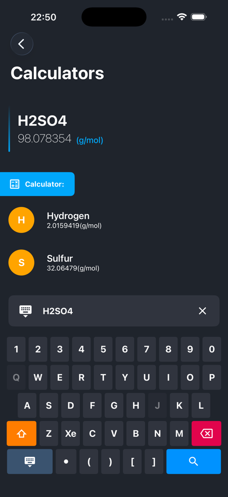 Une interface de calculateur de masse molaire dans l'application Tableau Périodique Chimie 2026 montrant le calcul de l'acide sulfurique H2SO4 avec un clavier de chimie spécialisé.