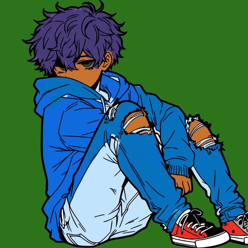 a male hoddie ripped jeans messy hair anime