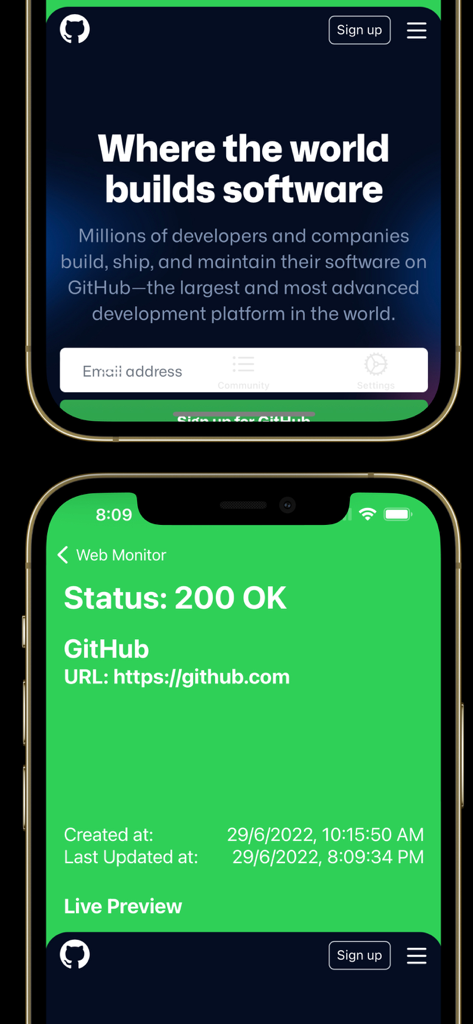 Interface do aplicativo Web Monitor no iPhone mostrando um status 200 OK para o website GitHub
