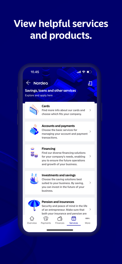 Nordea Business DK mobile app screen showing a menu of financial services including cards financing and investments