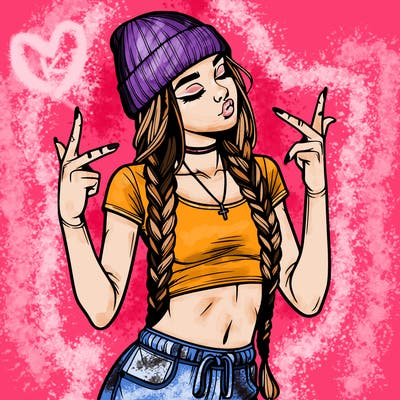 realistic teenage girl with braids and a beanie and crop top doing 🫶🏼