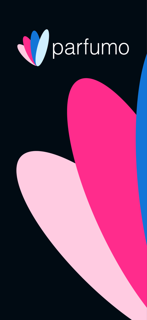 Parfumo app logo and colorful abstract graphics on a dark background