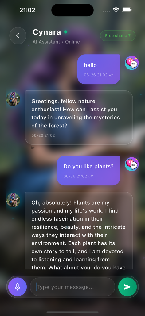Winkly - A chat interface from the Winkly app showing a conversation with Cynara an AI nature assistant about plants and forest mysteries.