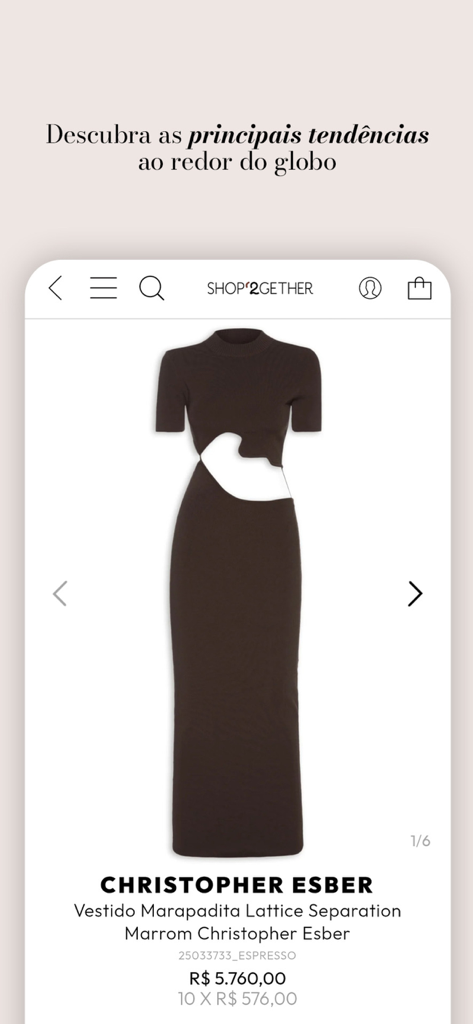 Shop2gether - Interface do aplicativo móvel Shop2gether mostrando um vestido de grife marrom premium de Christopher Esber