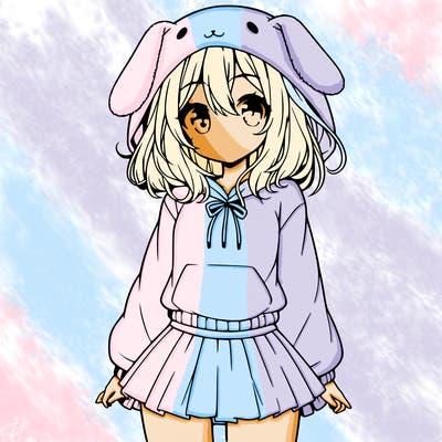 pretty anime girl wearing a fluffy hoodie with bunny ears on the hood and a skirt