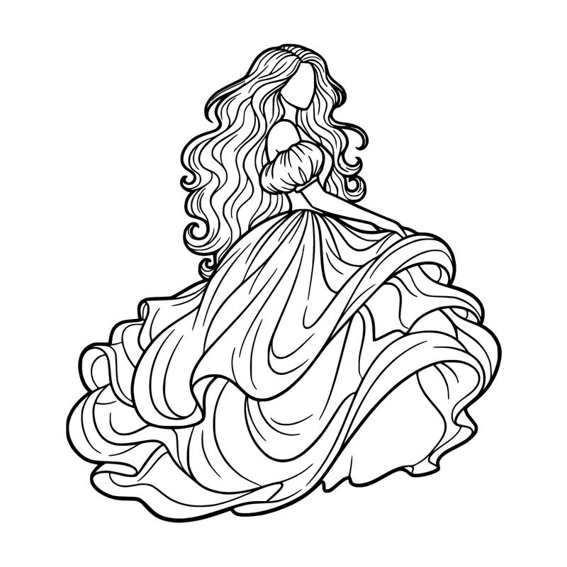 a woman with her hair down in a puffy gown with no face looking to the right