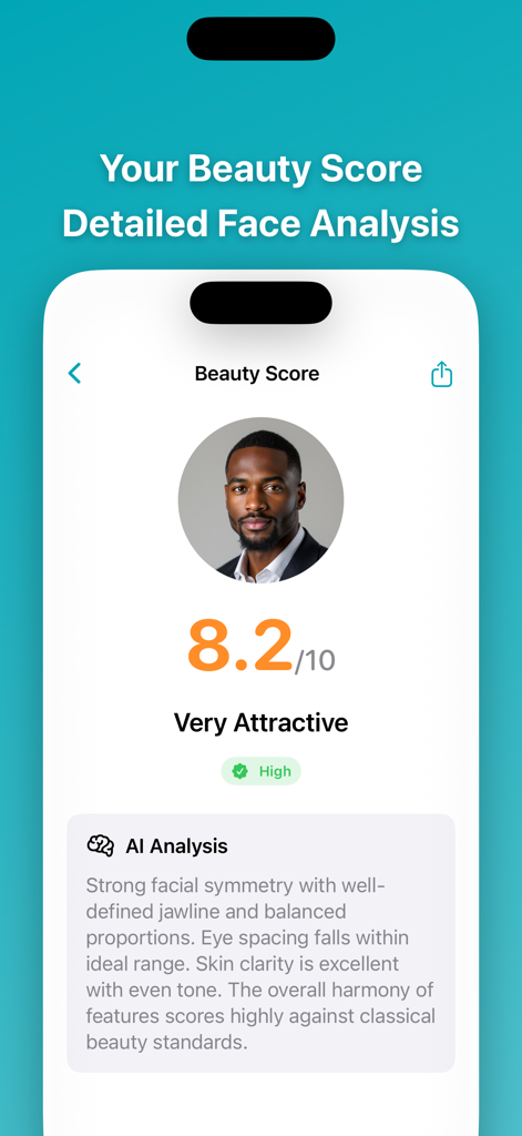 Face Shape AI: Face Analyzer - A mobile app screen showing a facial beauty score of 8.2 with detailed AI analysis for a man.