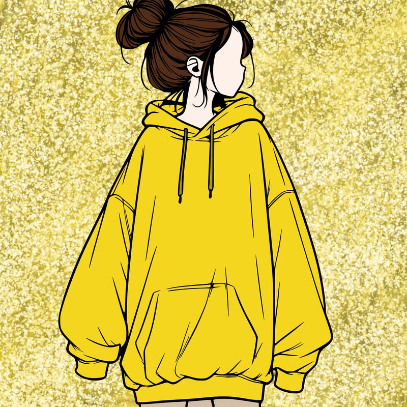 realistic girl with a oversized sweatshirt on and a bun
