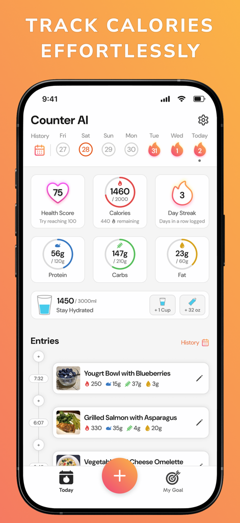 Calorie Tracker: Counter AI - Counter AI app dashboard showing calorie counts, macro tracking, and recent food entries