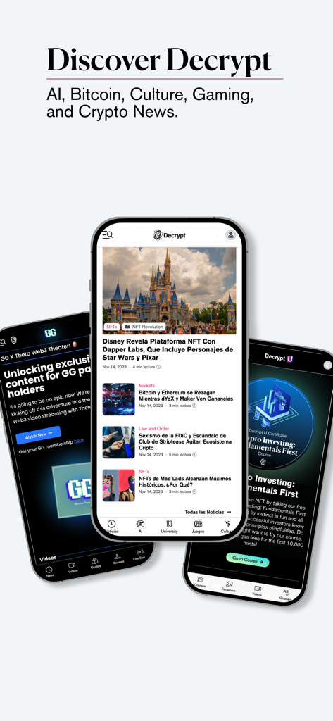 Decrypt: Bitcoin & crypto news - Three mobile phone screens showcasing Decrypt app news feed gaming hub and educational courses