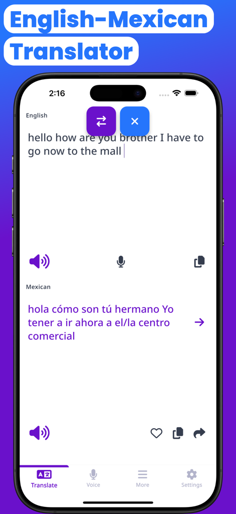 A mobile app screenshot showing English text being translated into Mexican Spanish with voice and audio features.