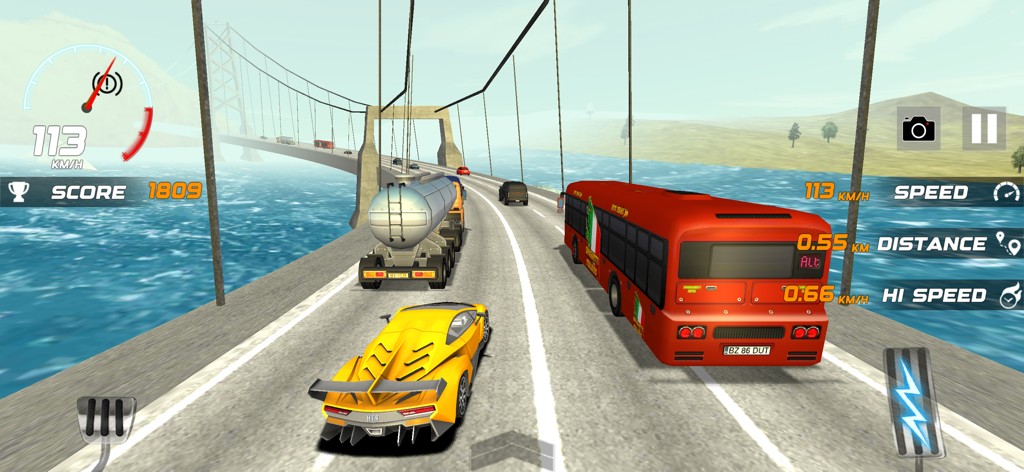 Highway Traffic Racer Car Ride - A yellow sports car driving through traffic on a bridge in the Highway Traffic Racer arcade game