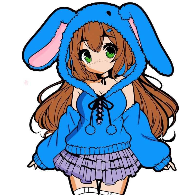 pretty anime girl wearing a fluffy hoodie with bunny ears on the hood and a skirt