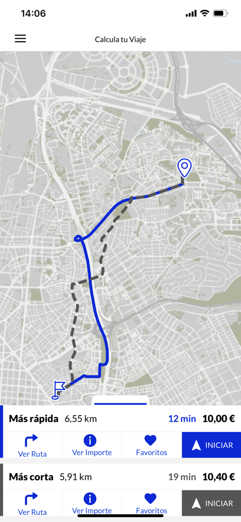 TxMad 앱의 스크린샷으로, 마드리드 지도를 보여주며 가장 빠르고 짧은 경로에 대한 예상 시간 및 비용을 표시하는 택시 여행 계산을 보여줍니다.