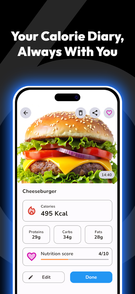 Simple AI Calorie Counter - BiteAI app interface displaying calorie count macro breakdown and nutrition score for a cheeseburger.
