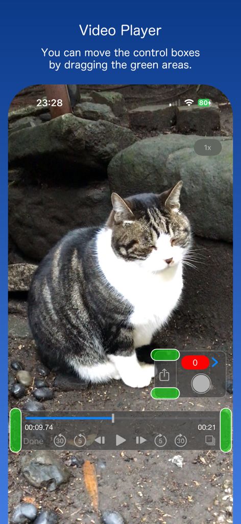 Frame Grab - Interfaccia del lettore video dell'app Frame Grab con controlli di selezione frame precisi e un gatto sullo schermo