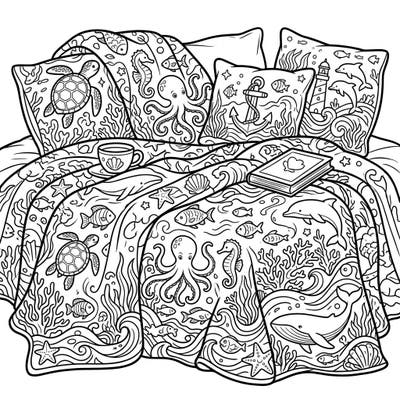 Unwind with this captivating coloring page featuring a cozy bed adorned with blankets and pillows, all intricately patterned with delightful oceanic and marine life. Discover a world of sea turtles, octopuses, and dolphins waiting for your creative touch in this detailed illustration.