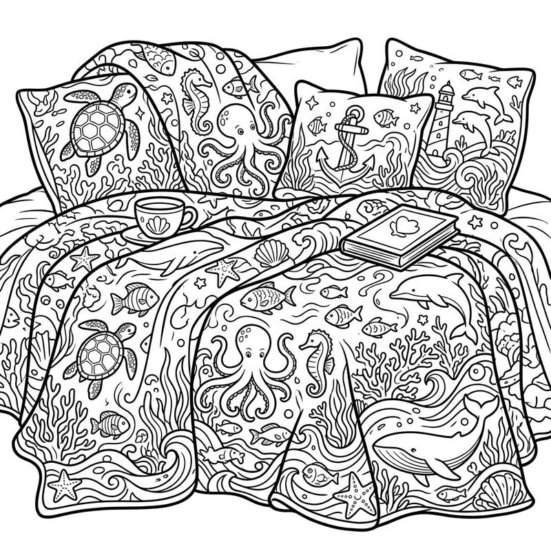 Unwind with this captivating coloring page featuring a cozy bed adorned with blankets and pillows, all intricately patterned with delightful oceanic and marine life. Discover a world of sea turtles, octopuses, and dolphins waiting for your creative touch in this detailed illustration.