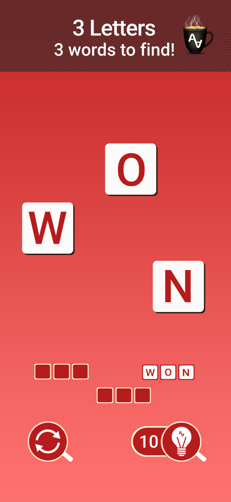 A simple word puzzle interface from AnagrApp Cup showing an anagram challenge with the letters W O N and a clean red background.