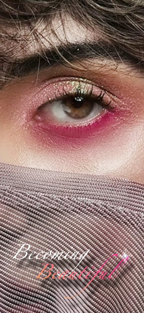 Novelink - Close up of an eye with pink eyeshadow and the book title Becoming Beautiful