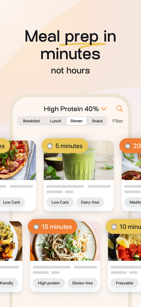 MealPrepPro app interface showing quick healthy recipes with preparation times and dietary filters