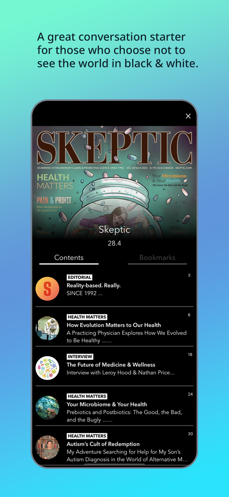 A screenshot of the Skeptic Magazine app displaying the table of contents for a Health Matters issue.