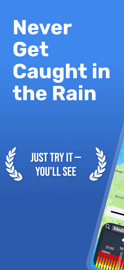 RainAlert: Rain Radar & Alerts - Gráfico promocional para la aplicación meteorológica RainAlert con el eslogan Nunca te mojes bajo la lluvia.