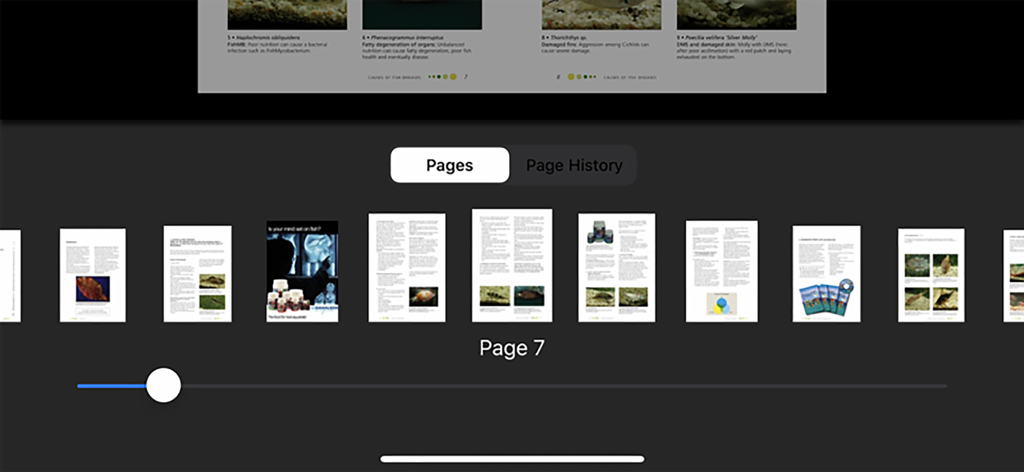 Fish Doctor - Interfaz de la aplicación Fish Doctor mostrando miniaturas de páginas y un control deslizante de navegación para el libro electrónico sobre enfermedades de peces.