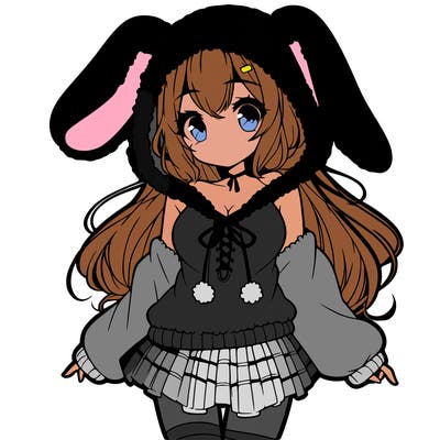 pretty anime girl wearing a fluffy hoodie with bunny ears on the hood and a skirt