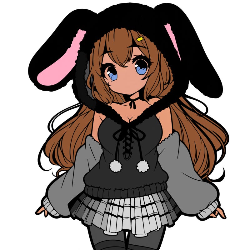 pretty anime girl wearing a fluffy hoodie with bunny ears on the hood and a skirt