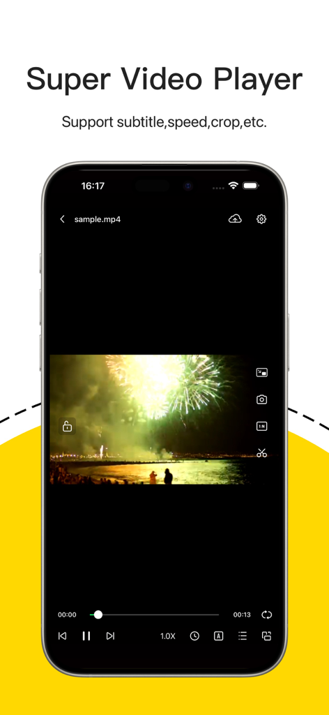 Interface du lecteur vidéo de l'application Unzip sur iPhone avec des commandes de sous-titres et de vitesse
