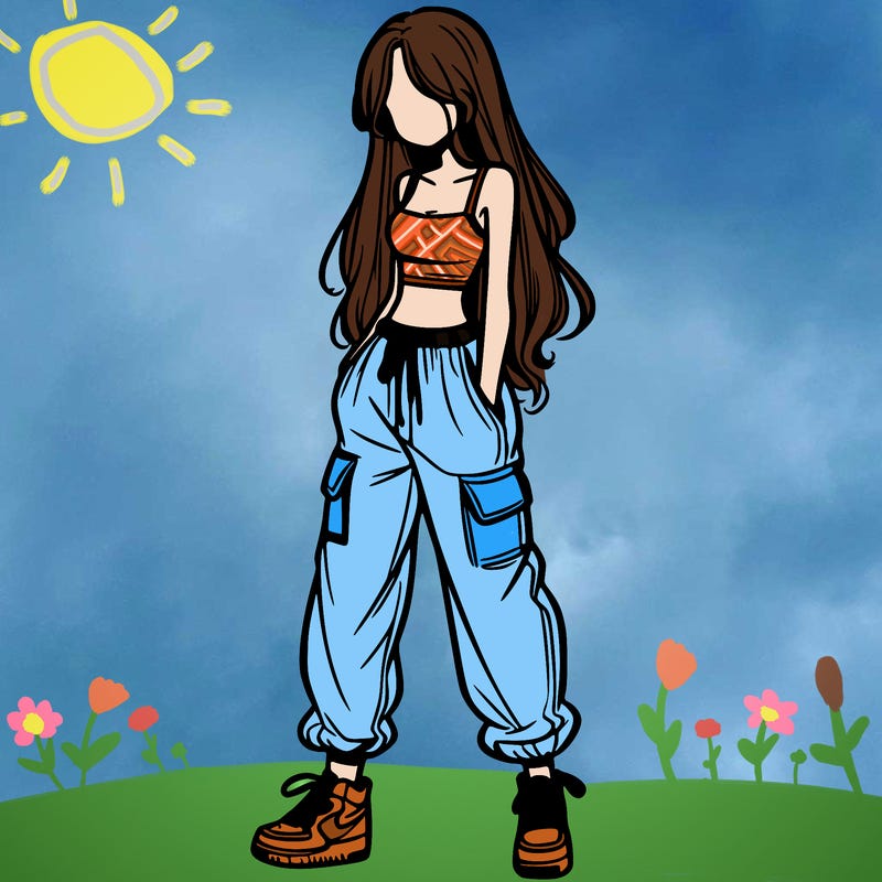 girl in baggy pants crop top and long hair