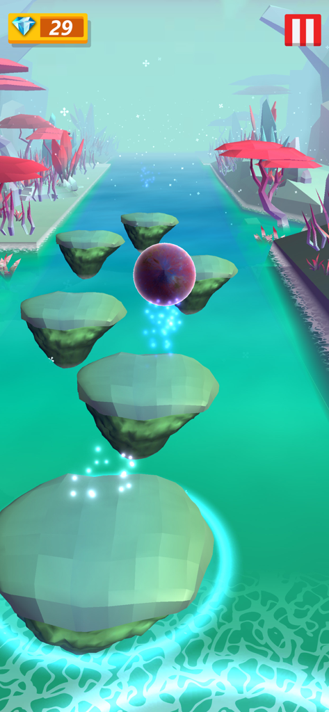 Hop Ball 3D Music Games - A purple ball jumping on floating rock platforms in a scenic 3D music game environment