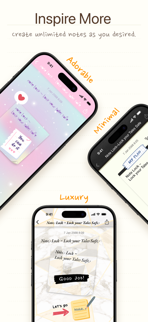 Note Lock~Lock your Tales Safe - Drei iPhones, die verschiedene ästhetische Themen wie Adorable Minimal und Luxury für die Note Lock App anzeigen