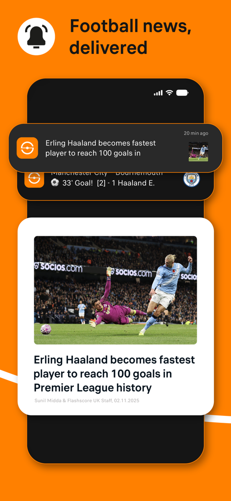 Soccerway Football Live Scores - Uma tela de smartphone exibindo notificações de notícias de futebol e um artigo de última hora sobre Erling Haaland no aplicativo Soccerway