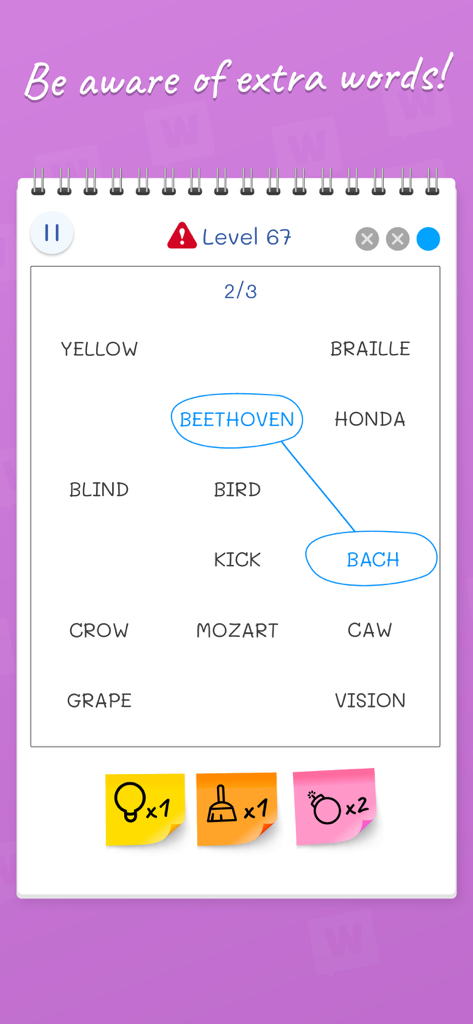 Word Match: Connections Game - Word Match game interface showing word connections for Beethoven and Bach on level 67