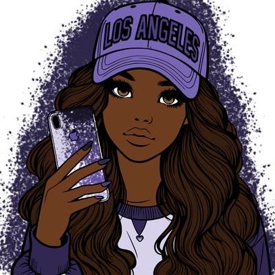 realistic beautiful girl wearing los ángeles cap holding an iphone