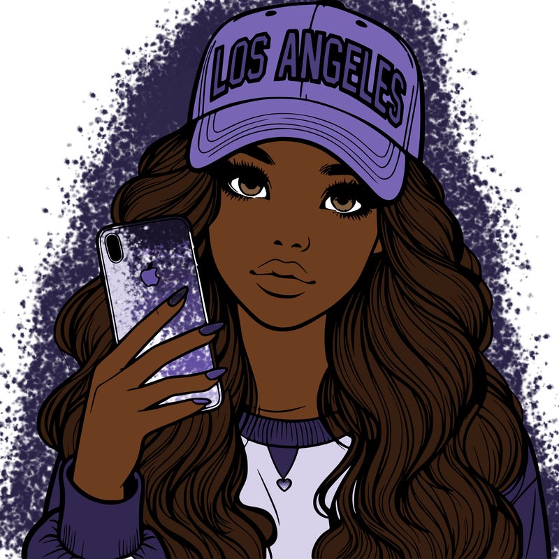 realistic beautiful girl wearing los ángeles cap holding an iphone