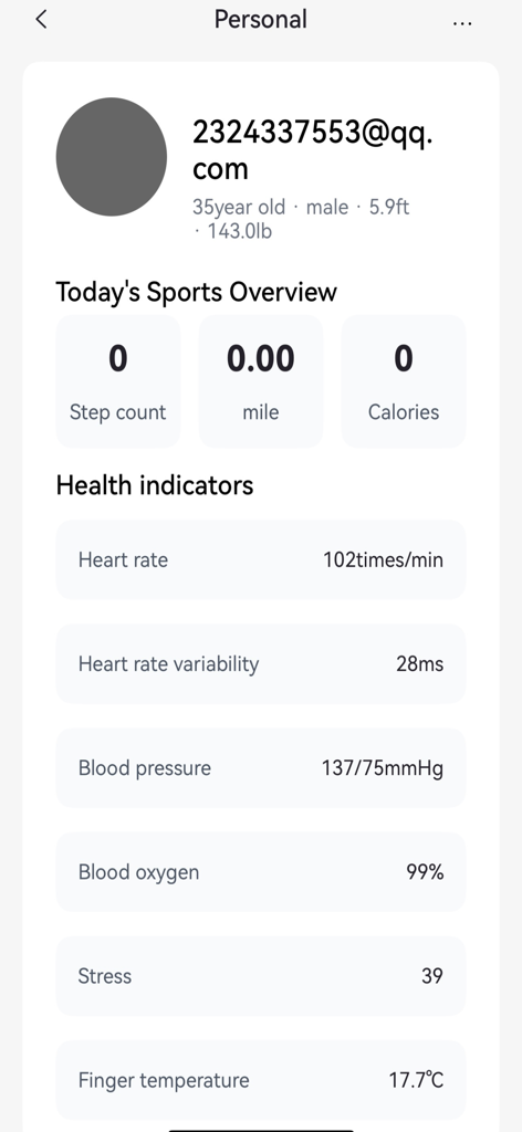 H wear Pro - H wear Pro app personal profile screen showing health indicators like heart rate, blood pressure, and activity overview including steps and calories.