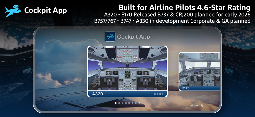 Cockpit App Systems - Interface of Cockpit App showing A320 and E170 training models for pilots