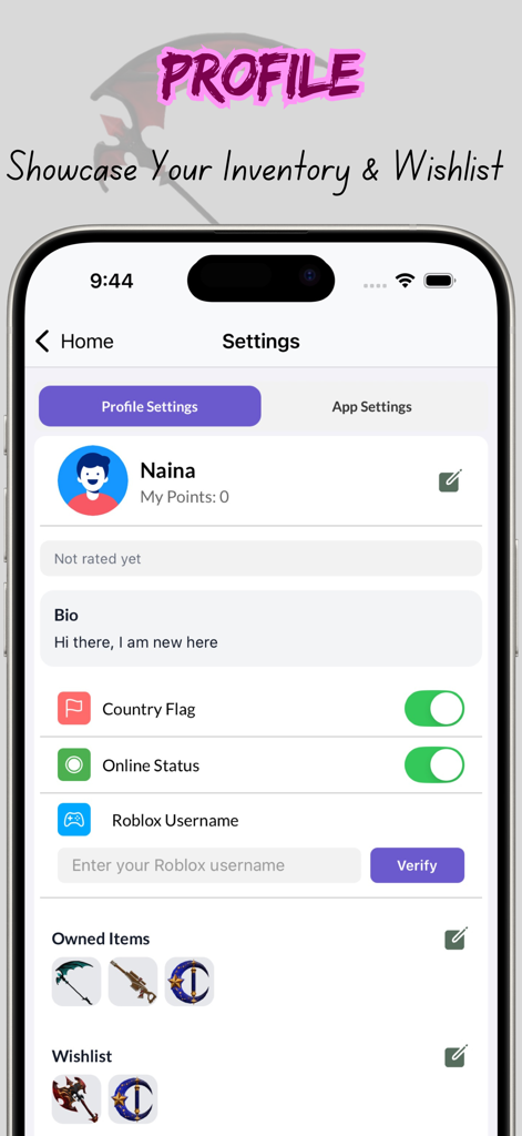 Mystery Trade Checker - Mystery Trade Checker profile screen with inventory and wishlist for MM2 items