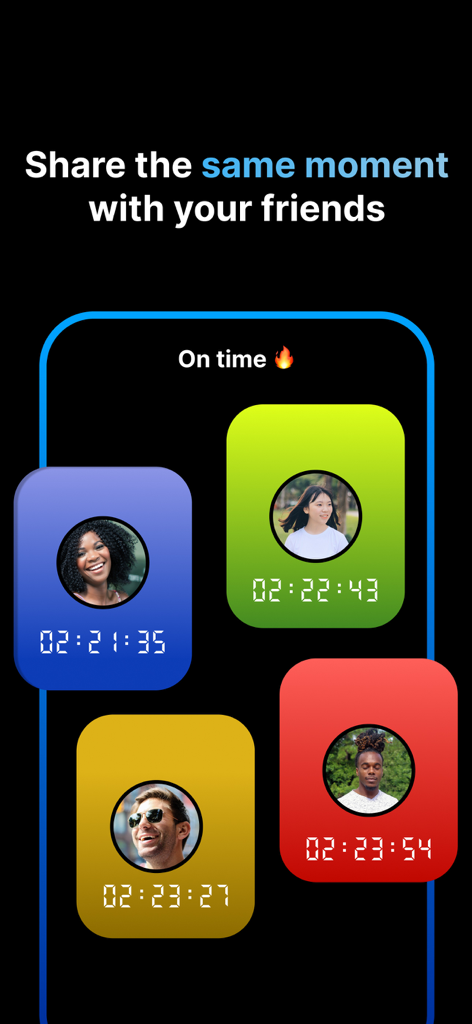 Naakamou 앱 인터페이스가 친구들과 동시에 사진을 공유하는 모습을 보여줌