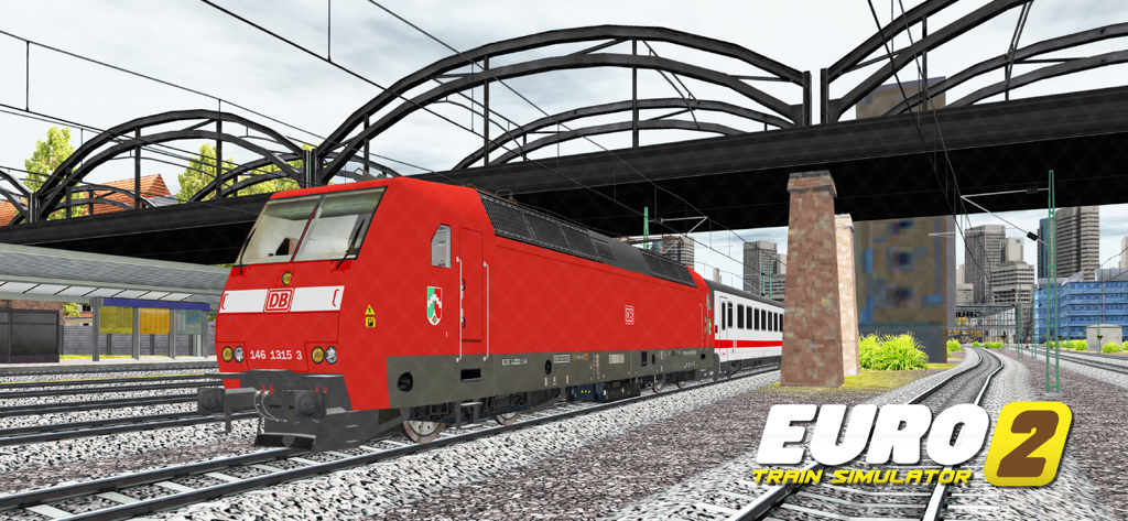 Euro Train Sim 2 - Red DB locomotive at a train station in Euro Train Sim 2
