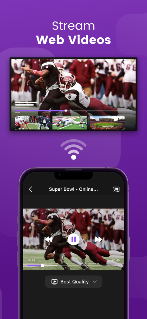 iPhone transmitindo um vídeo da web de um jogo de futebol para uma Smart TV usando o aplicativo Controle Universal