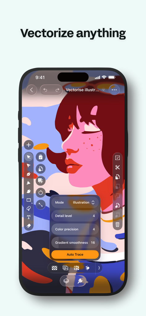 Linearity Curve app on iPhone showing the Auto Trace tool to vectorize a colorful digital illustration