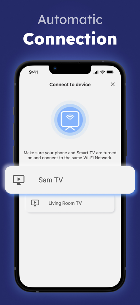 Sam TV Remote Control - iPhone screen showing the automatic connection feature of the Sam TV Remote Control app searching for smart TVs on a Wi-Fi network.