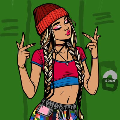 realistic teenage girl with braids and a beanie and crop top doing 🫶🏼