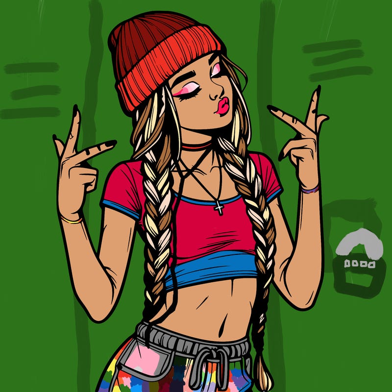 realistic teenage girl with braids and a beanie and crop top doing 🫶🏼